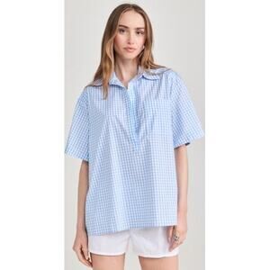NWT Caroline Constas Women's Blue Missa Open Placket Pullover Dawn Gingham Top